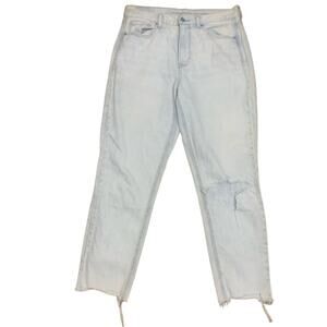 American Eagle Mom Jeans Acid Wash High Rise Distressed Step Raw Hem sz 8